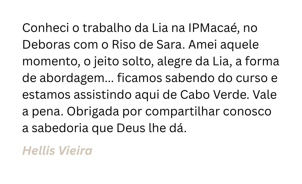 Aula maravilhosa!!!! Já temos um gostinho de como serão as próximas. Obrigada por compartilhar tanto conosco.